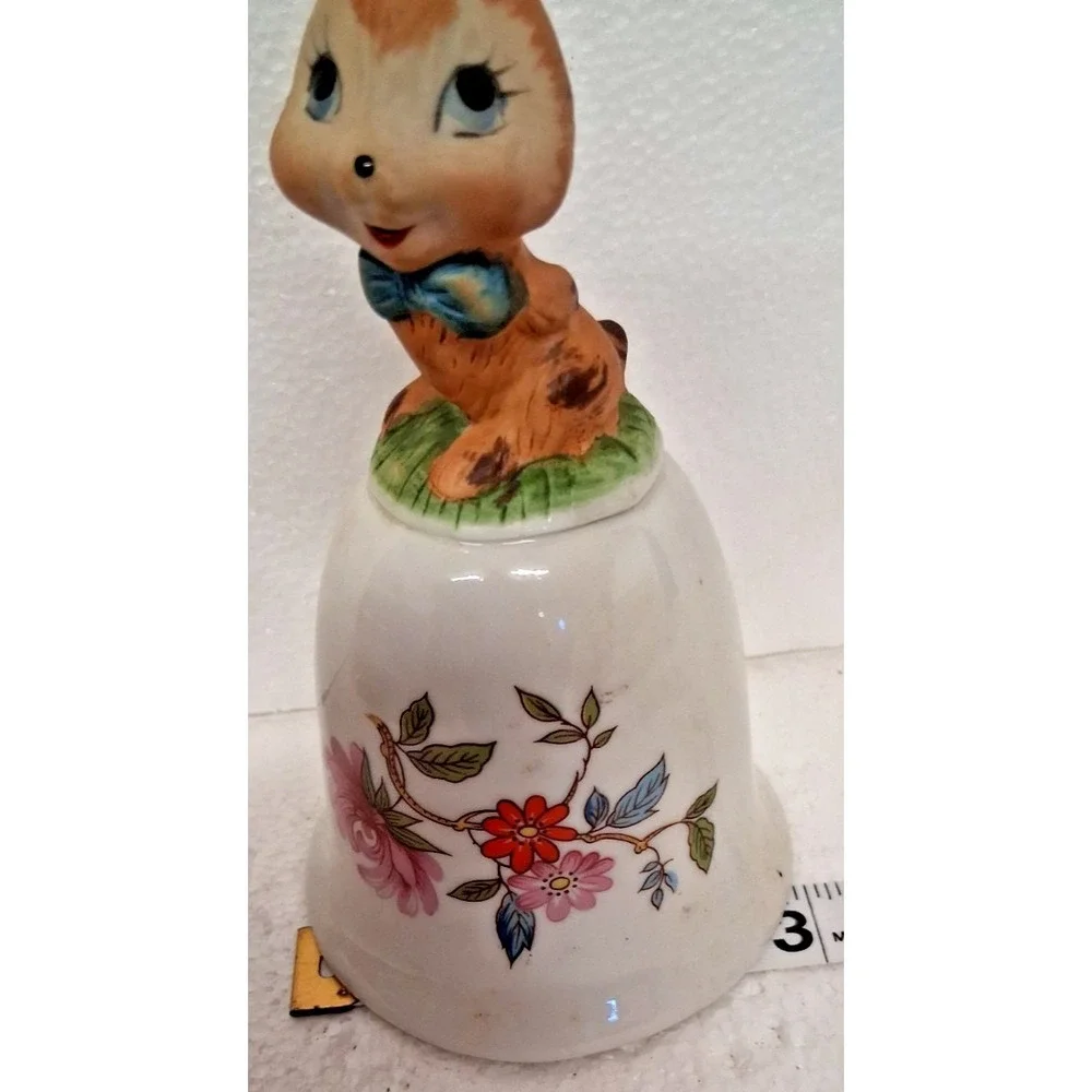 Bisque Cat with Bow Tie on Porcelain Floral Bell 5